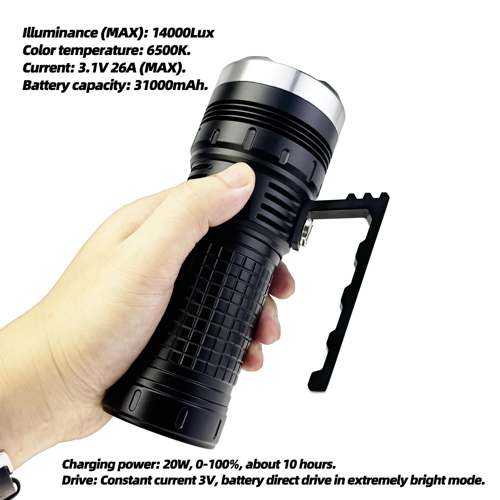 Strong Light Long-distance Flashlight - Version 46950 Black aluminum alloy flashlight with handle. Strong light long-distance. Version 46950. Compatible with 4680 battery.