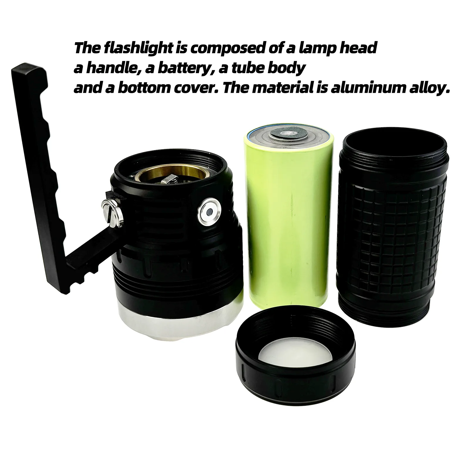 Strong Light Long-distance Flashlight - Version 46950 Black aluminum alloy flashlight with handle. Strong light long-distance. Version 46950. Compatible with 4680 battery.