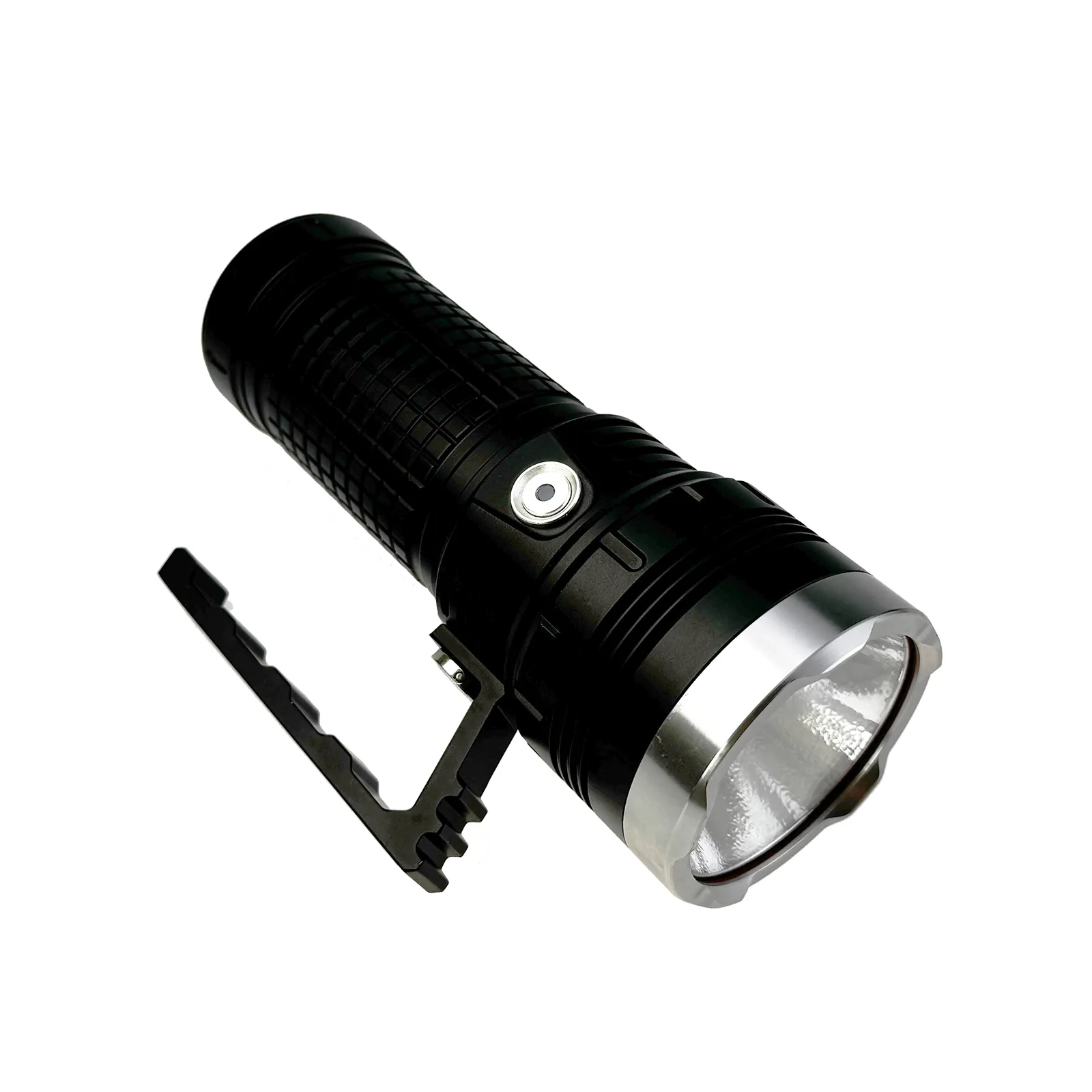 Strong Light Long-distance Flashlight - Version 46950 Black aluminum alloy flashlight with handle. Strong light long-distance. Version 46950. Compatible with 4680 battery.