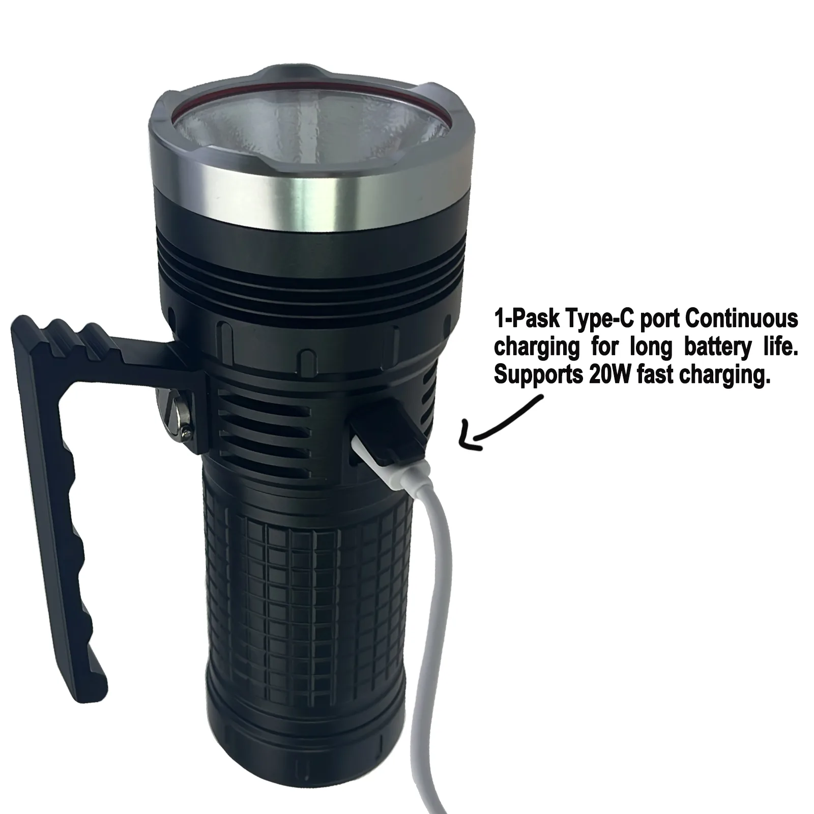 Strong Light Long-distance Flashlight - Version 46950 Black aluminum alloy flashlight with handle. Strong light long-distance. Version 46950. Compatible with 4680 battery.