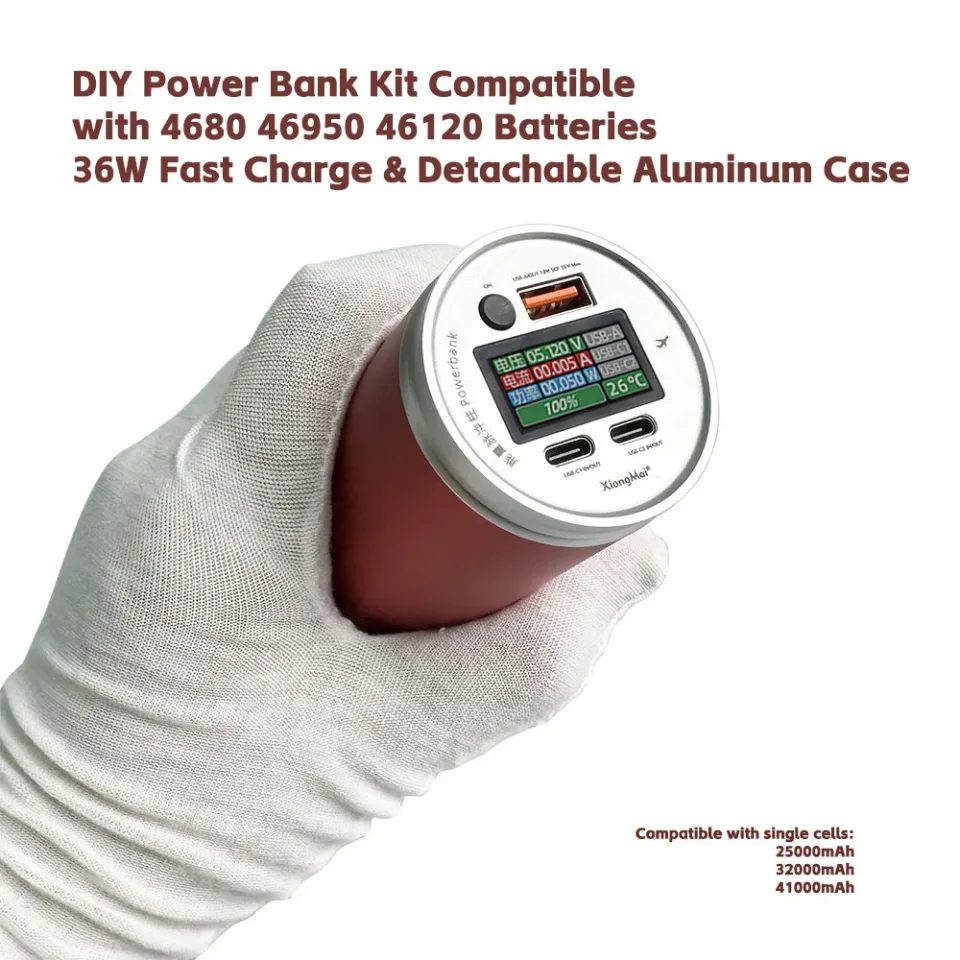 DIY Power Bank Kit Compatible with 4680 46950 46120 Batteries - 36W Fast Charge & Detachable Aluminum Case