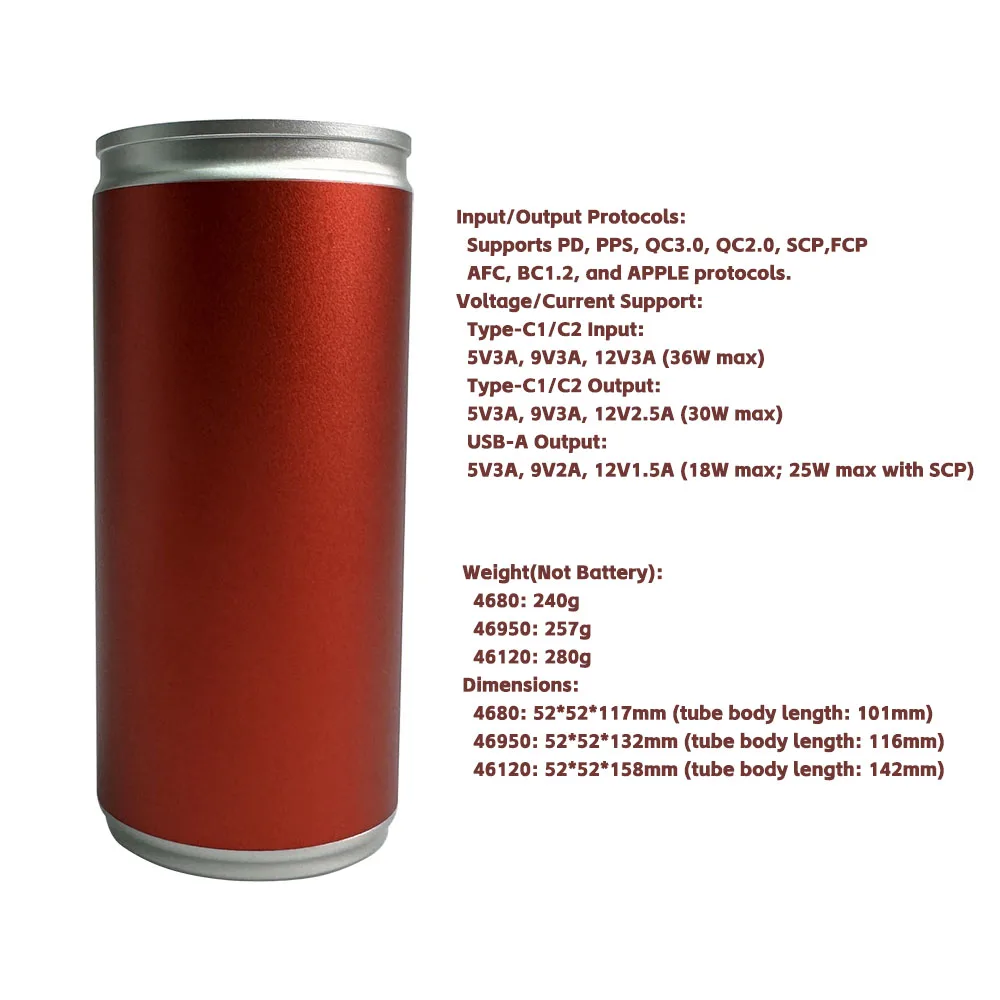 DIY Power Bank Kit Compatible with 4680 46950 46120 Batteries - 36W Fast Charge & Detachable Aluminum Case